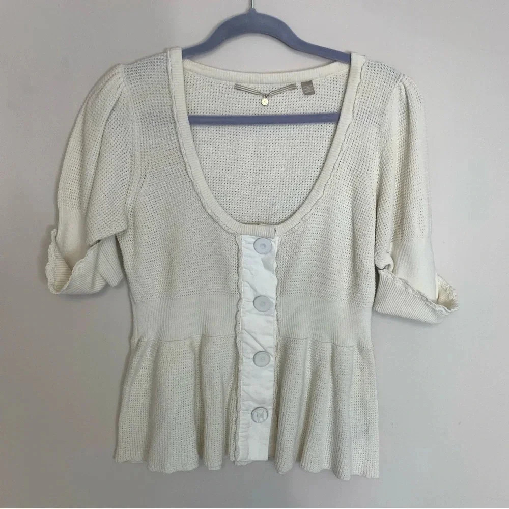 Anthro Knitted & Knotted Cream Sweater Top 3/4 Sleeve L